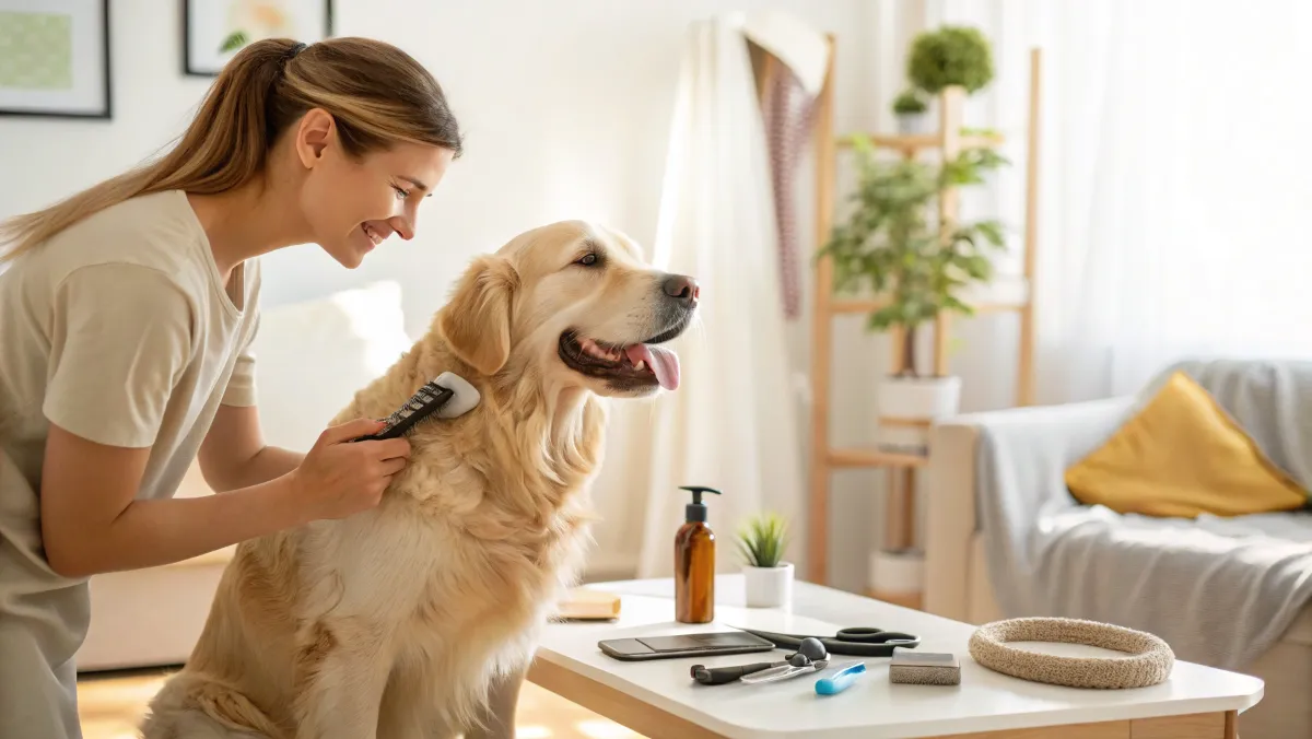 Woman grooming golden retriever at home using dog clippers