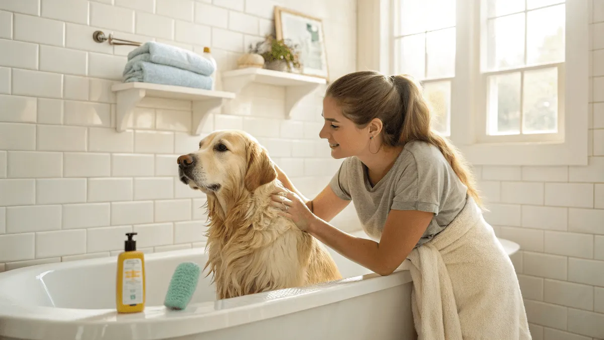 Woman washing her golden retriever in a clean home bathtub