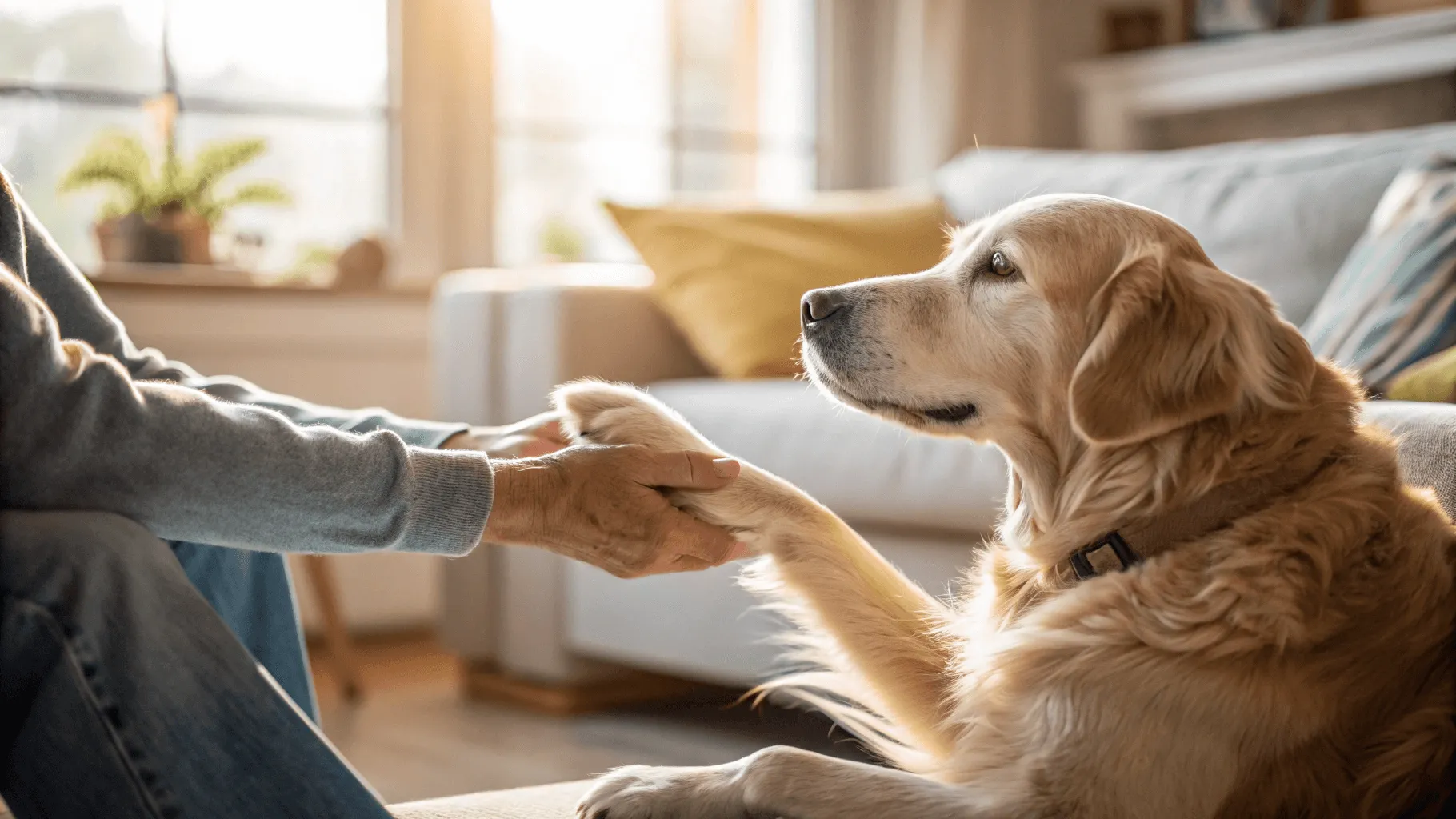 dog joint supplement – golden retriever paw in hand