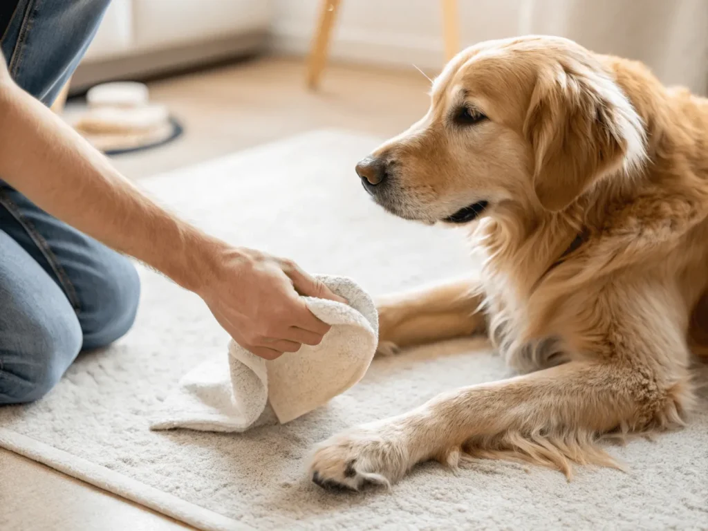 cleaning golden retriever’s inflamed paw from allergy