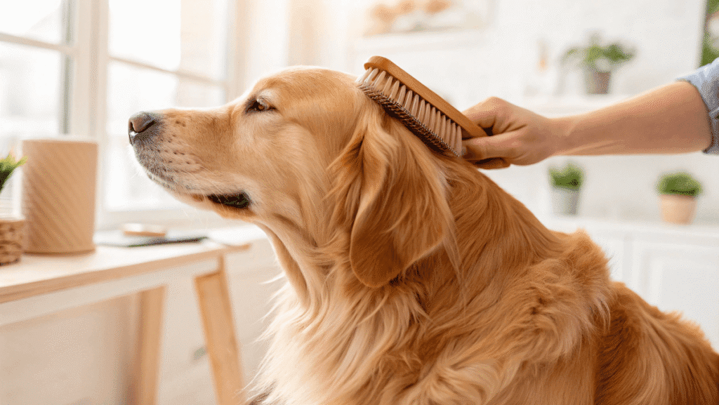 Human hand brushing long-haired dog indoors