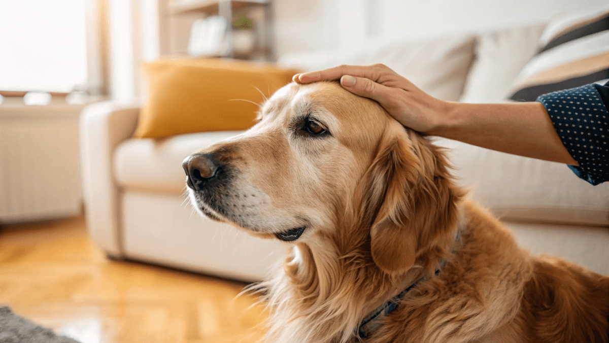 Human hand petting a dog to show proper dog care and emotional bonding