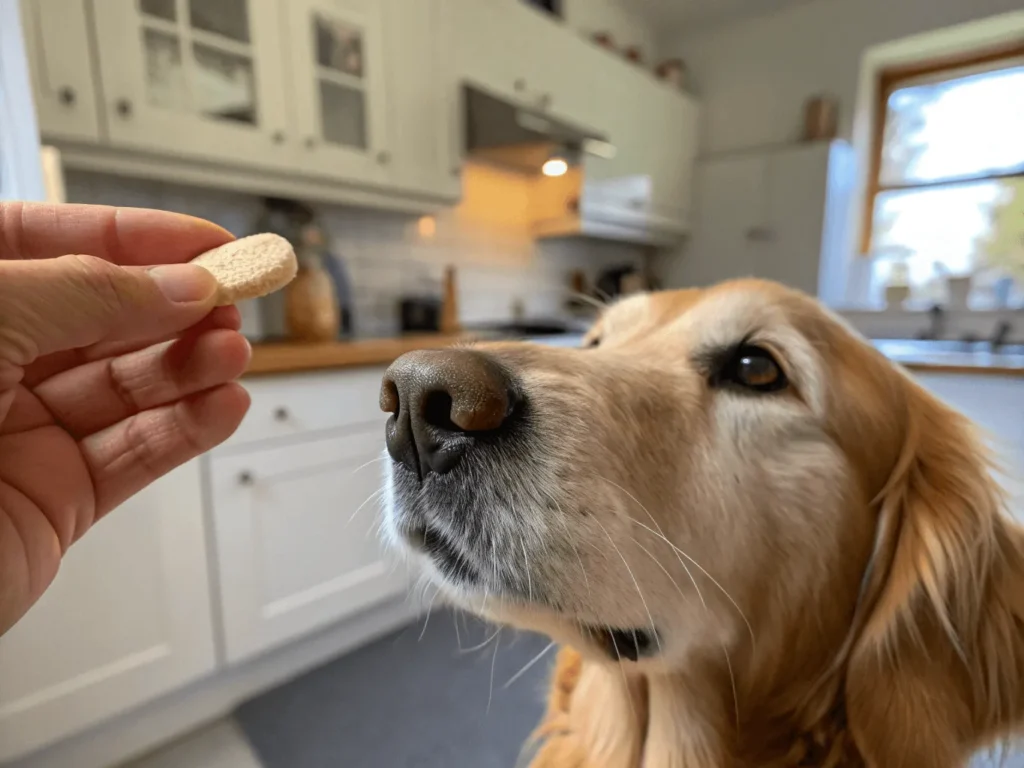 golden retriever sniffing allergy supplement chew