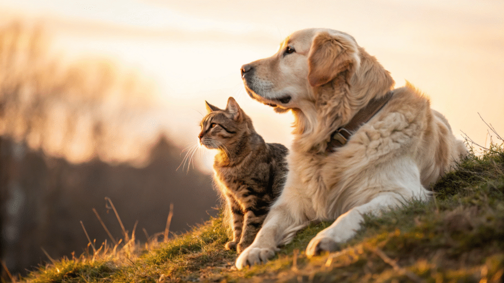 Golden retriever and tabby cat sitting at sunset