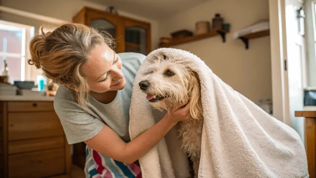 Woman drying dog gently after bath