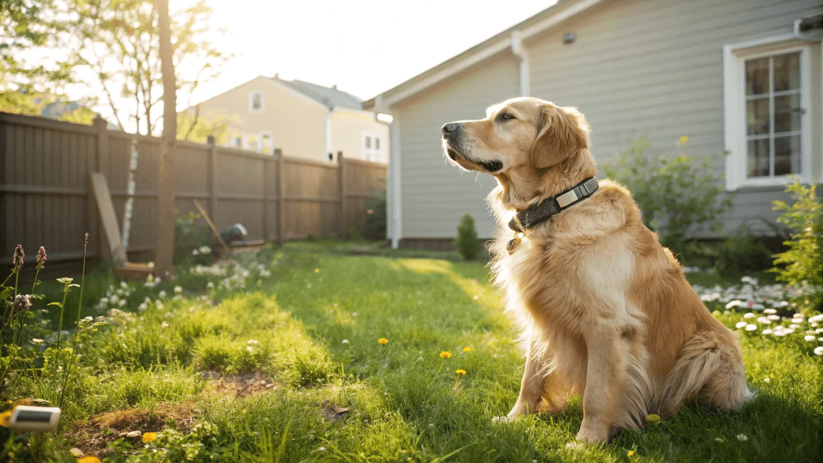 Golden retriever wearing an invisible fence collar in a backyard