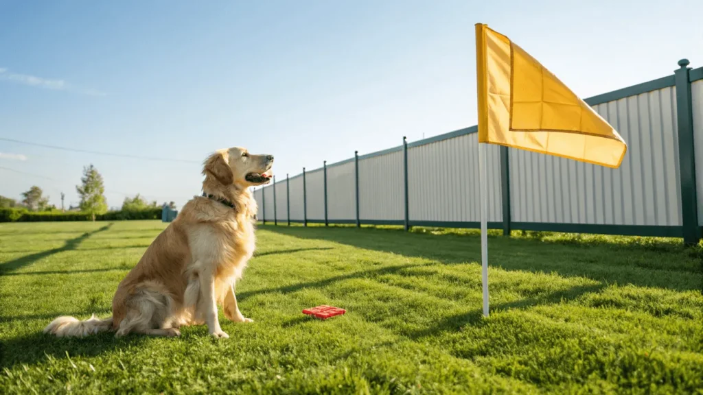 Golden retriever being trained near invisible fence with treat