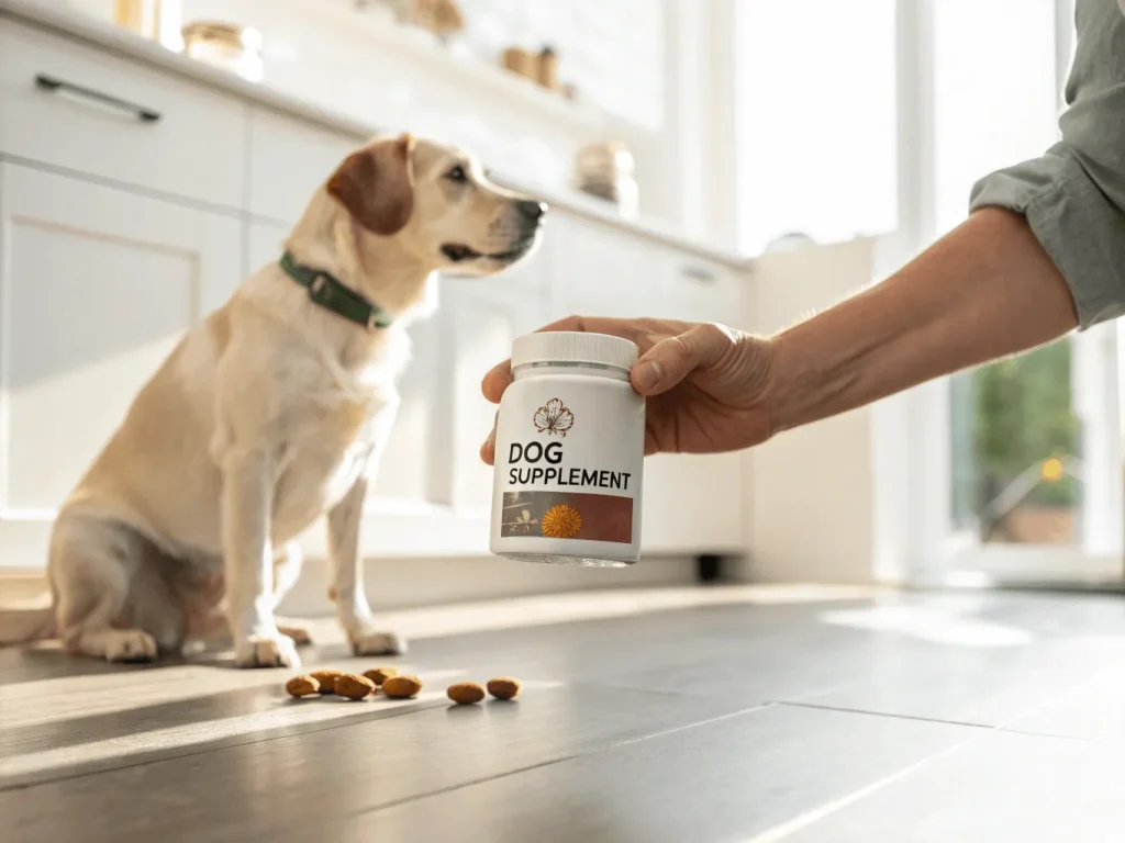 hand holding dog supplement with visible label and dog nearby