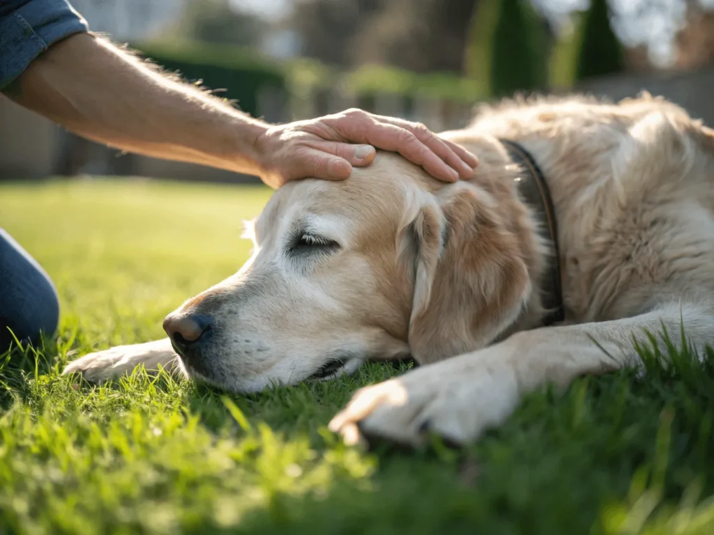 human hand on senior dog’s hip for joint care