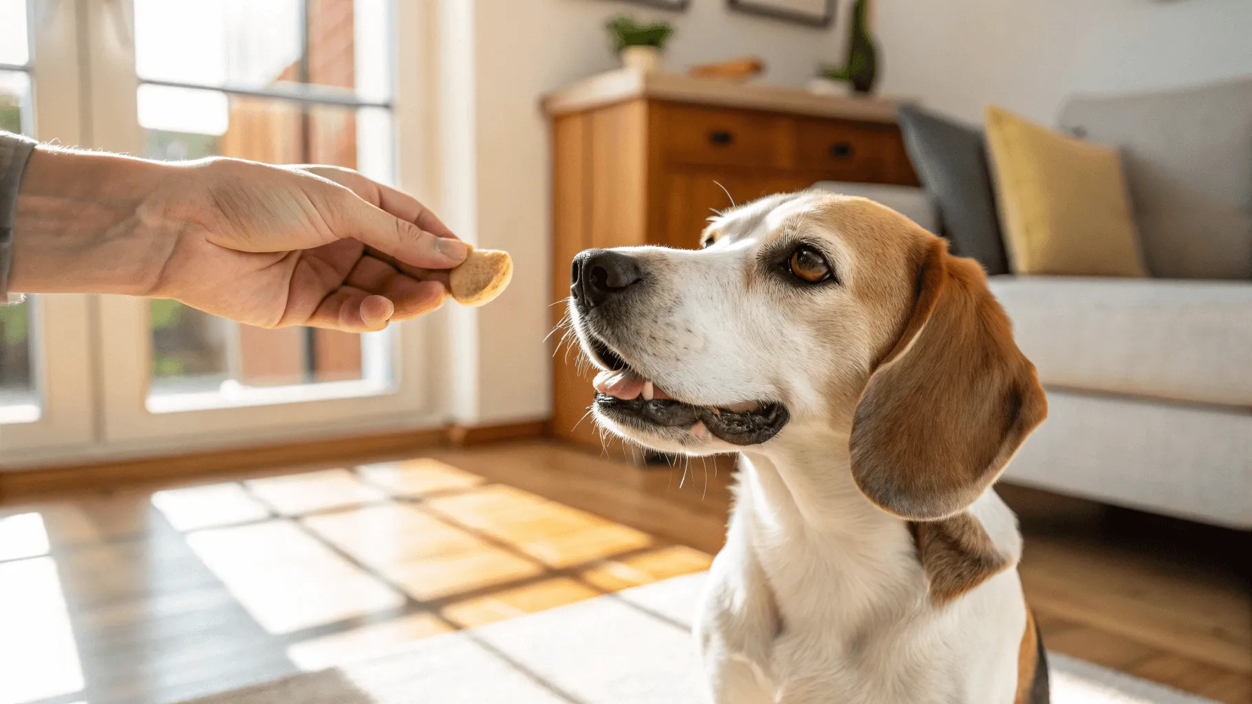 human hand offering soft chew dog supplement near dog’s mouth