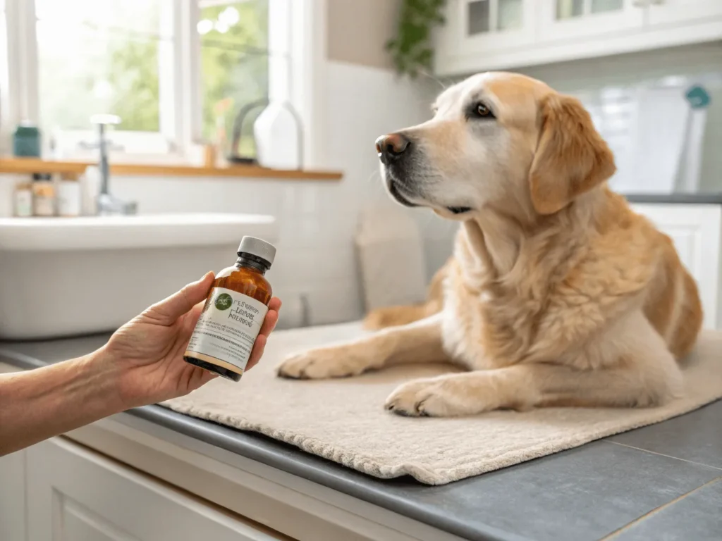 hand holding omega-3 supplement next to shiny-coated dog