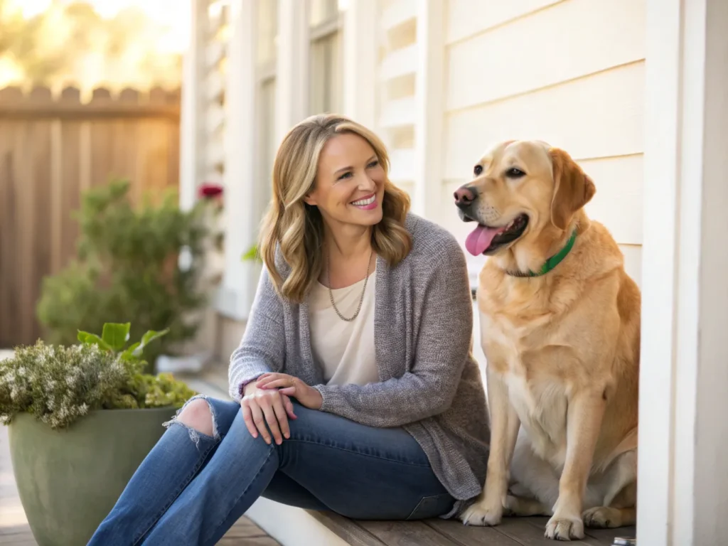 Emma sitting beside her Labrador Retriever, smiling on a sunny porch