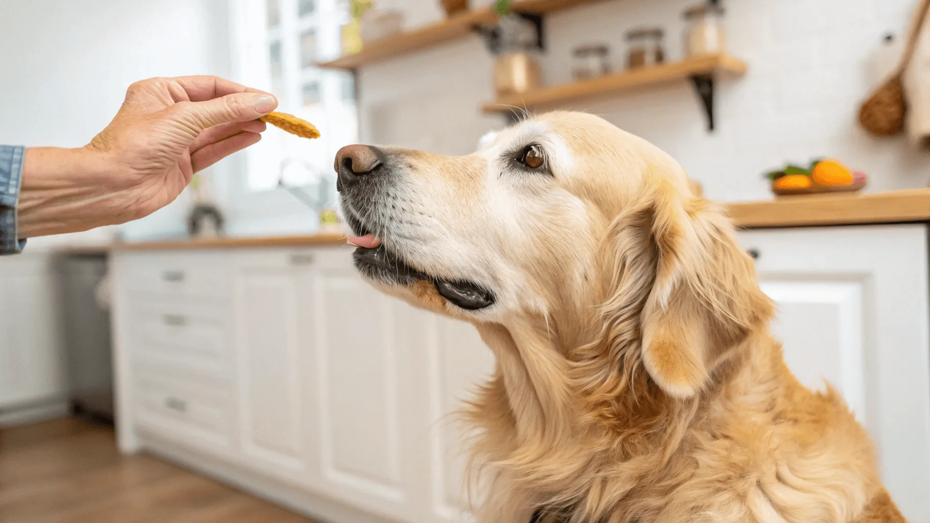 human hand giving a dog hip and joint supplement chew