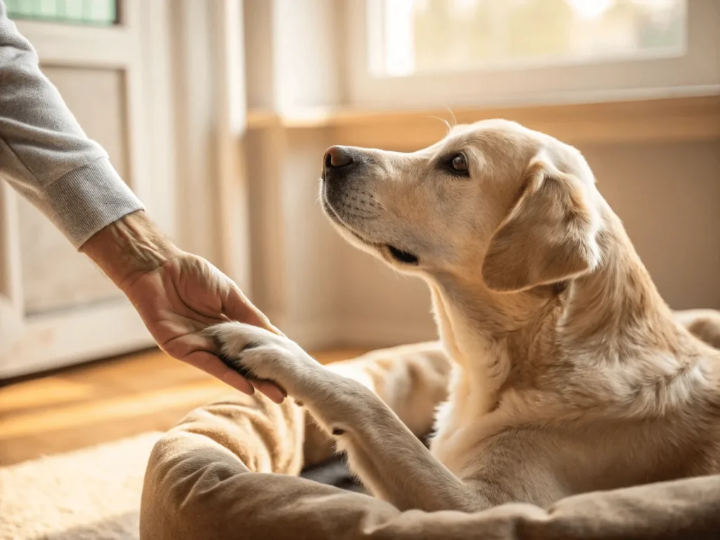 human hand assisting dog with hip joint pain